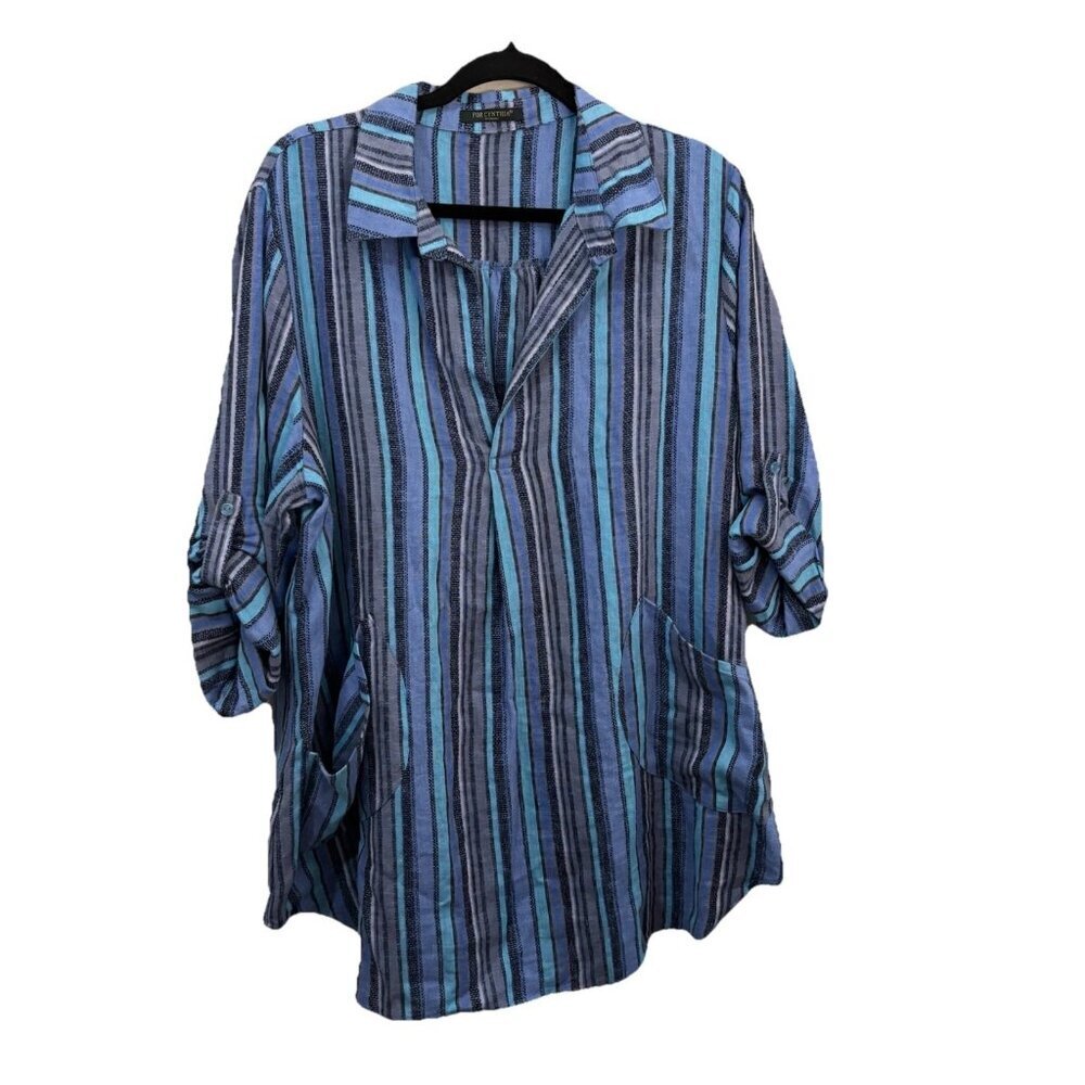 For Cynthia Woman 2X Pullover Blouse Roll-Tab Sleeves Blue  Vertical Stripes